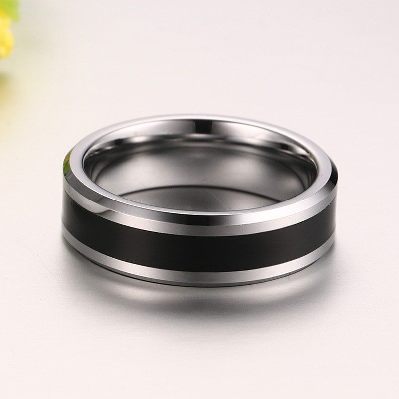 Anillo de carburo de tungsteno para hombre con esmalte negro y plata lisa de 6 mm