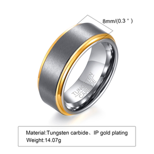 Anillo de boda de carburo de tungsteno cepillado para hombre, oro plateado, acabado pulido, ajuste cómodo