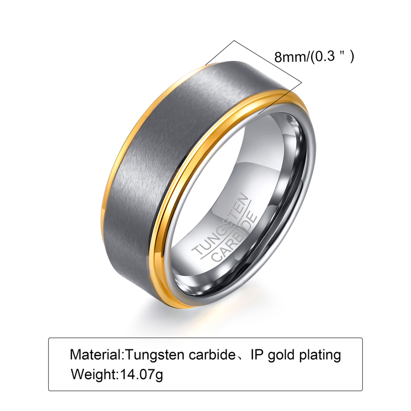 Anillo de boda de carburo de tungsteno cepillado para hombre, oro plateado, acabado pulido, ajuste cómodo