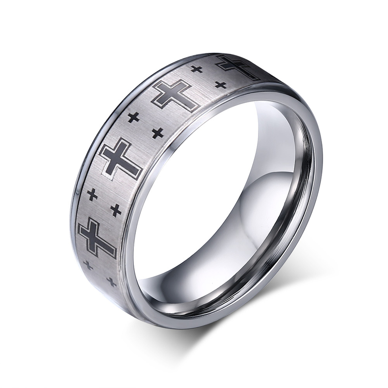 Anillo llamativo con diseño de cruz repetida de acero de tungsteno para hombre