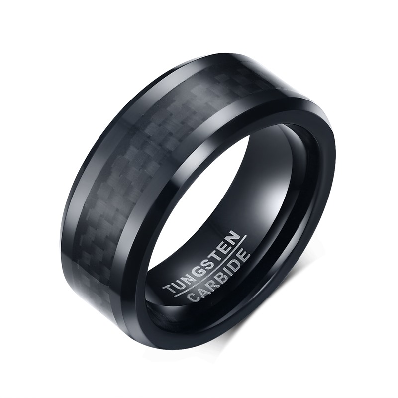 Anillos de Carburo de Tungsteno para hombre Punk a la moda, anillo de boda con incrustaciones de fibra de carbono negra de 8MM y bordes biselados para amantes