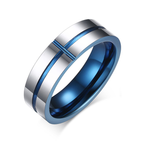 Moda azul plateado cruz de acero de tungsteno para hombres mujeres anillo joyería accesorio hermoso anillo de boda recuerdo de aniversario