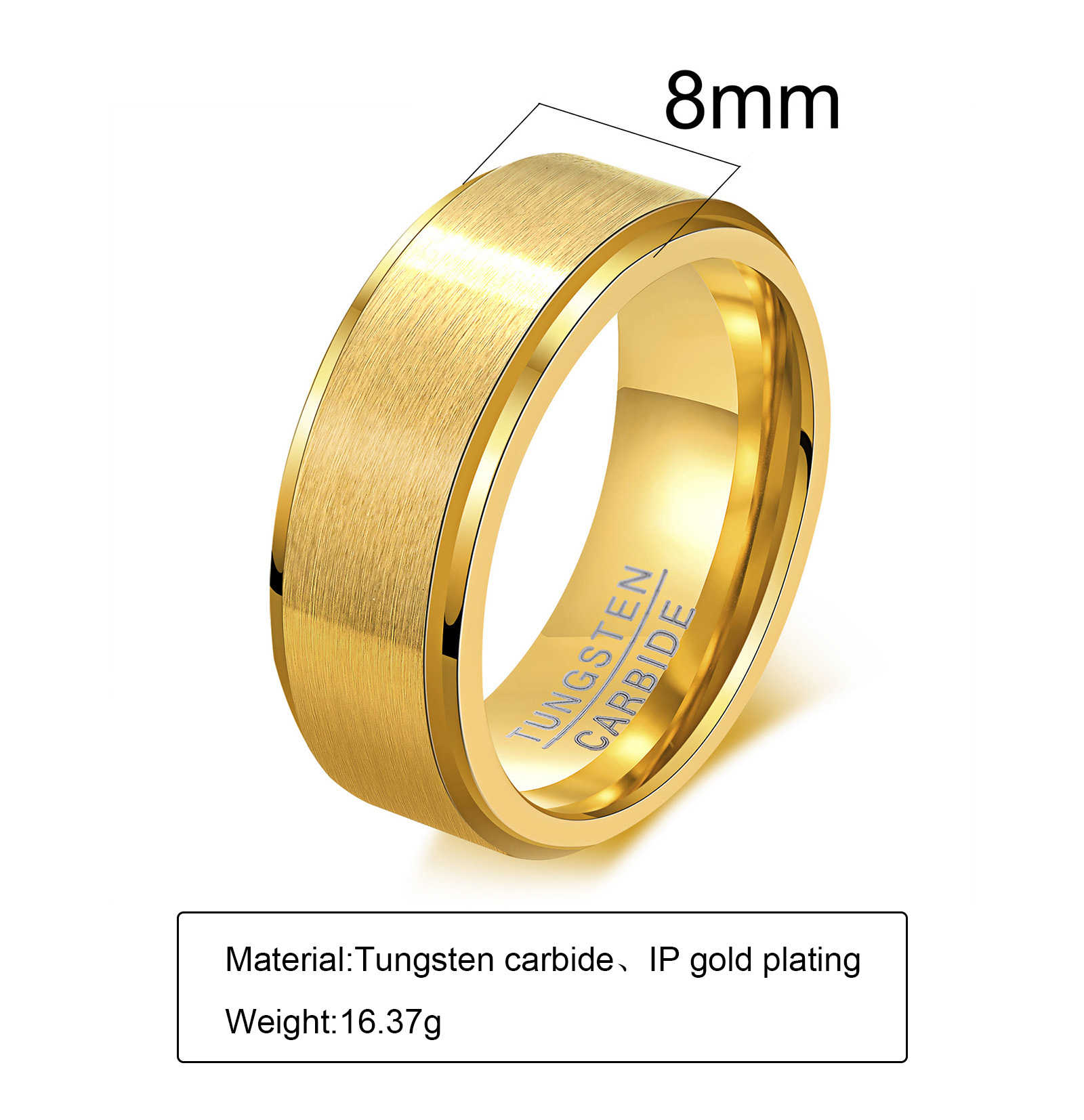 Anillo de boda cepillado de carburo de tungsteno dorado de 0.315 in para hombres y mujeres, ajuste cómodo