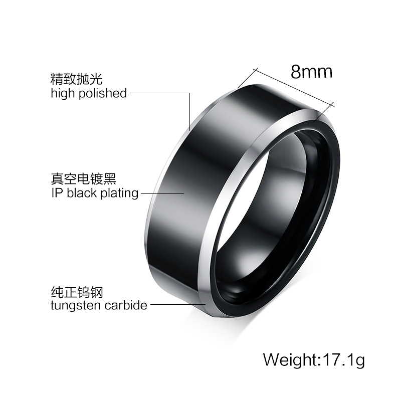 Anillo de acero de tungsteno puro de 8MM, anillos masculinos de Color negro a la moda, regalo para novio