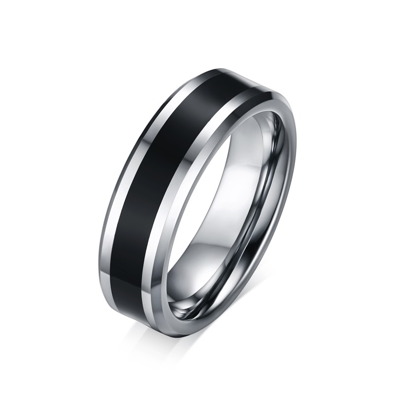 Anillo de carburo de tungsteno para hombre con esmalte negro y plata lisa de 6 mm