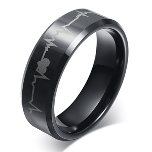 Anillo de tungsteno chapado en negro PVD de 8 mm con diseño de latido del corazón