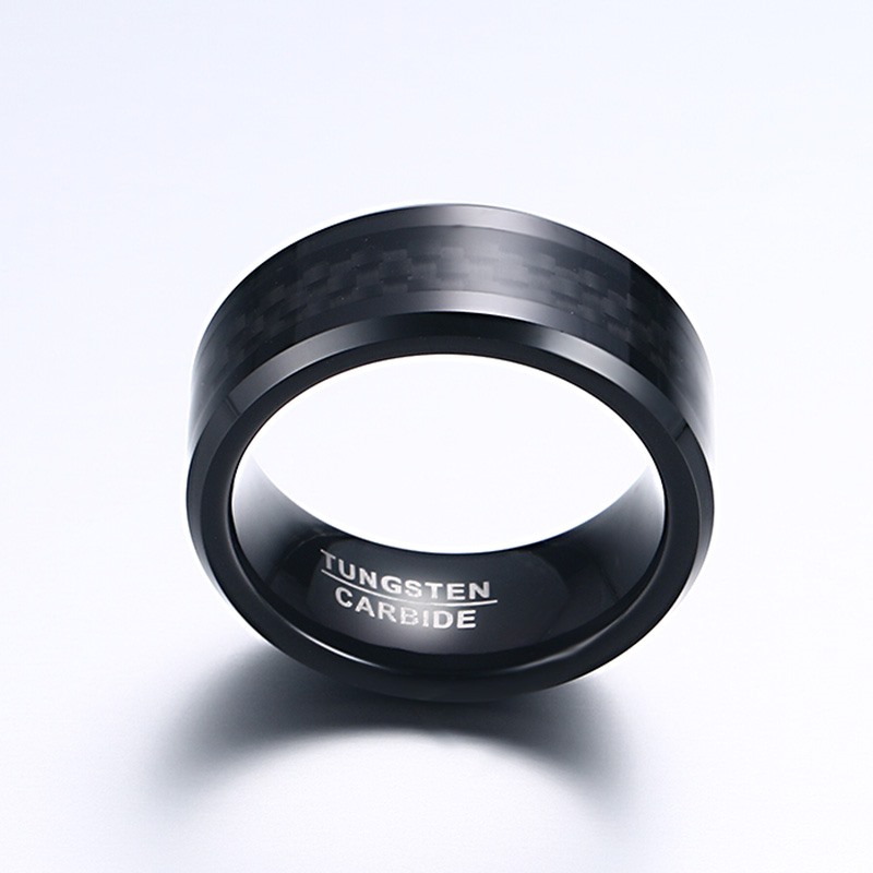 Anillos de Carburo de Tungsteno para hombre Punk a la moda, anillo de boda con incrustaciones de fibra de carbono negra de 8MM y bordes biselados para amantes