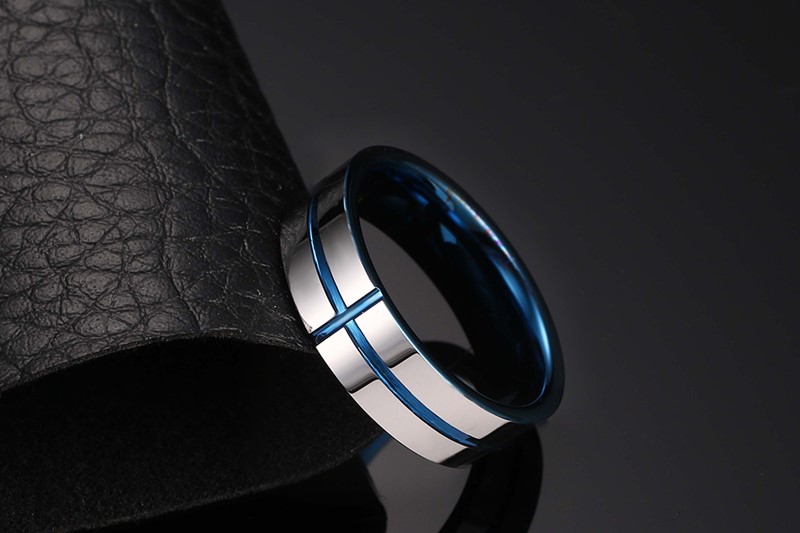 Moda azul plateado cruz de acero de tungsteno para hombres mujeres anillo joyería accesorio hermoso anillo de boda recuerdo de aniversario