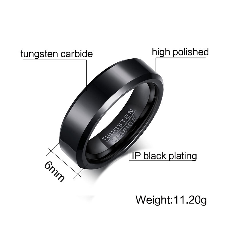 Anillo de carburo de tungsteno negro de 6 mm, alianzas de boda para hombre y mujer, bordes biselados muy pulidos