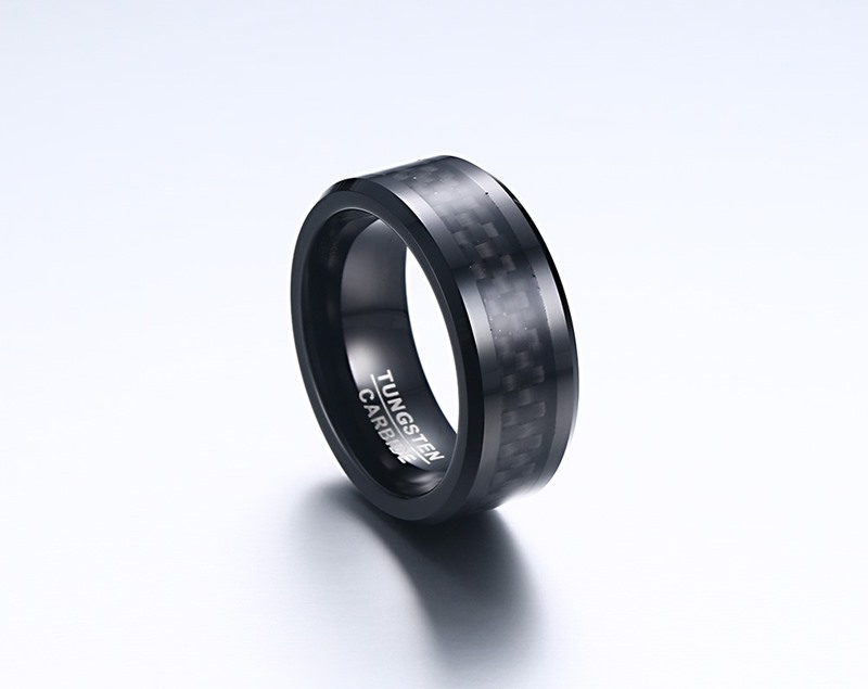 Anillos de Carburo de Tungsteno para hombre Punk a la moda, anillo de boda con incrustaciones de fibra de carbono negra de 8MM y bordes biselados para amantes