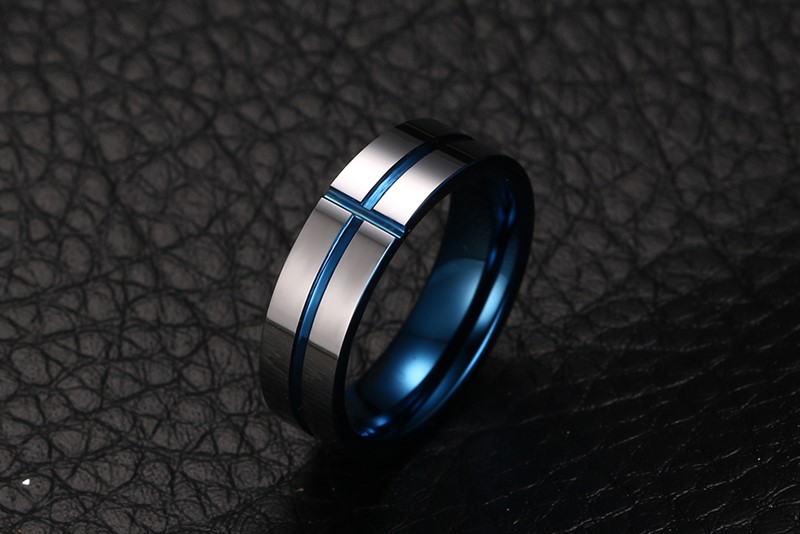 Moda azul plateado cruz de acero de tungsteno para hombres mujeres anillo joyería accesorio hermoso anillo de boda recuerdo de aniversario