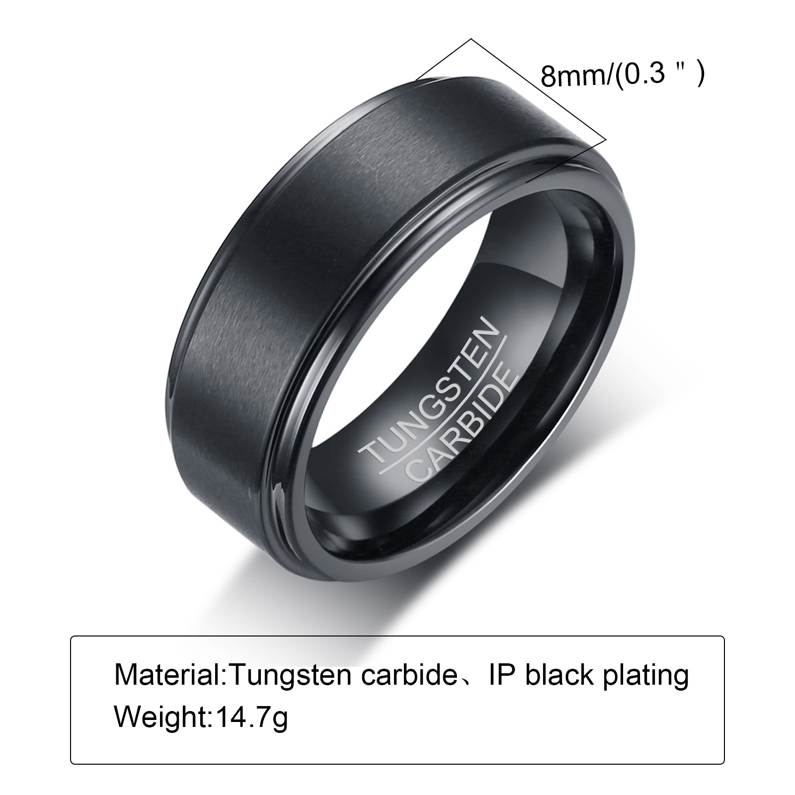 Anillo básico de tungsteno para hombre, alianza de boda de tungsteno negro de 8 mm, acabado cepillado mate, ajuste cómodo