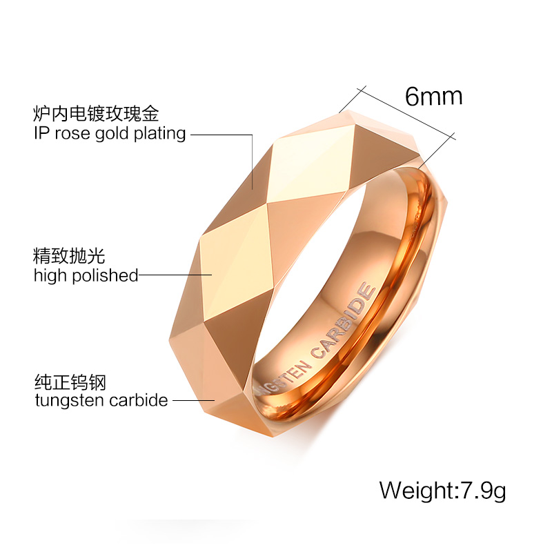 Fabricantes de China, diseños de anillos de boda, superficie de corte de diamante, anillo de carburo de tungsteno de 6 mm con oro rosa para hombres