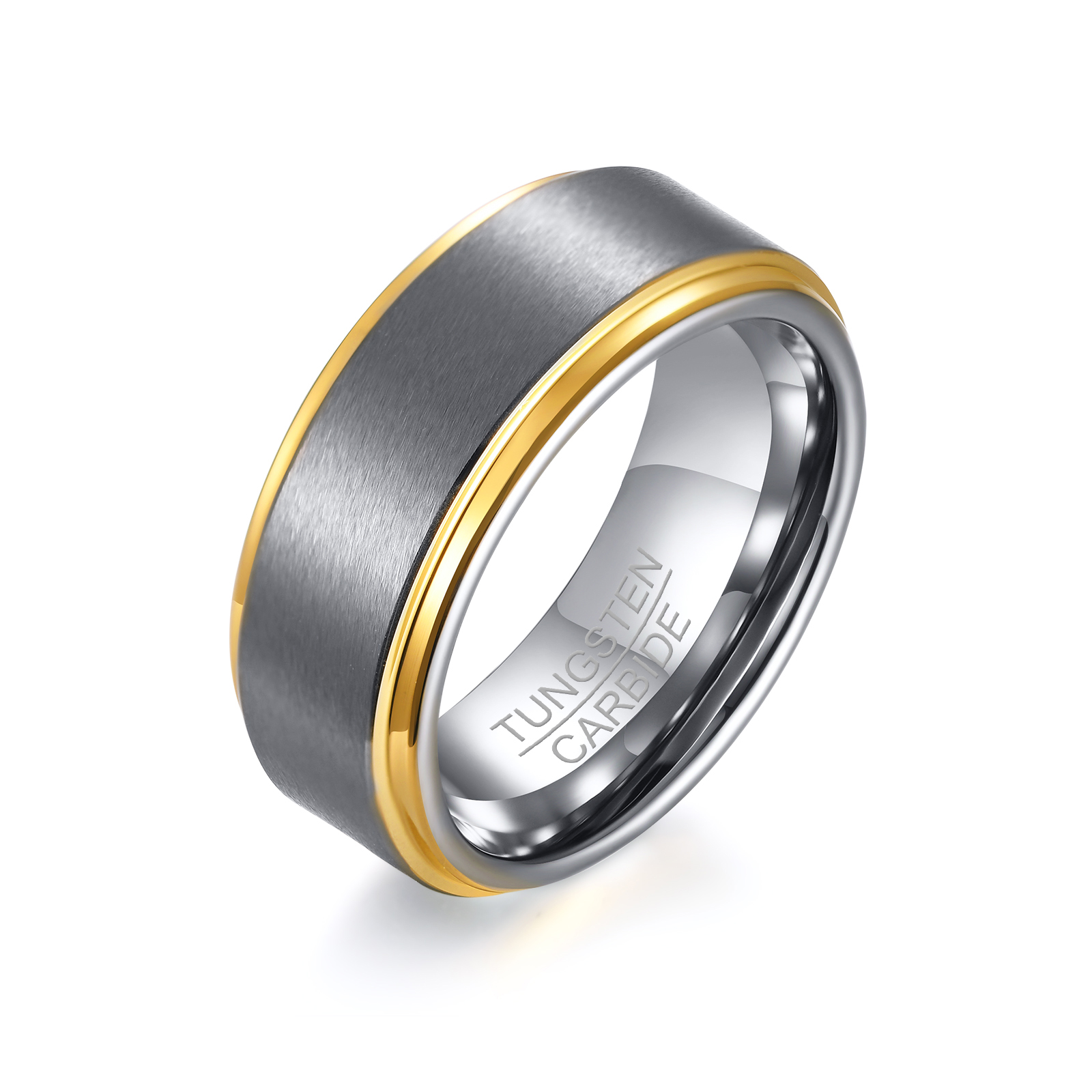 Anillo de boda de carburo de tungsteno cepillado para hombre, oro plateado, acabado pulido, ajuste cómodo